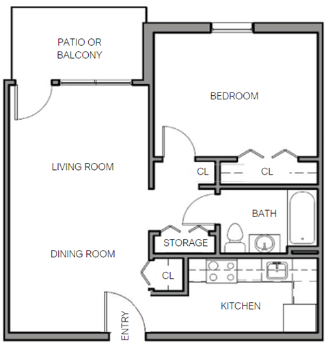 Floor plan for 1 bed, 1 bath, 635 sqft